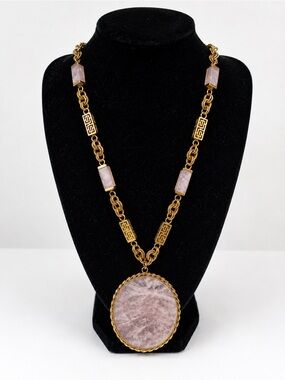 Vintage 1970s Rose Quartz Necklace Greek Key Gold Tone Statement Pendant